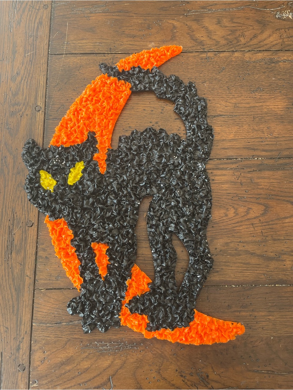 vintage melted plastic "popcorn" Halloween wall decoration black cat on a moon